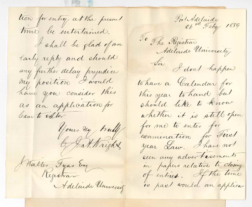 Charles Joseph Harvey Wright - Port Adelaide - Wishes to Enter LLB Examination in March Fortnight After Date