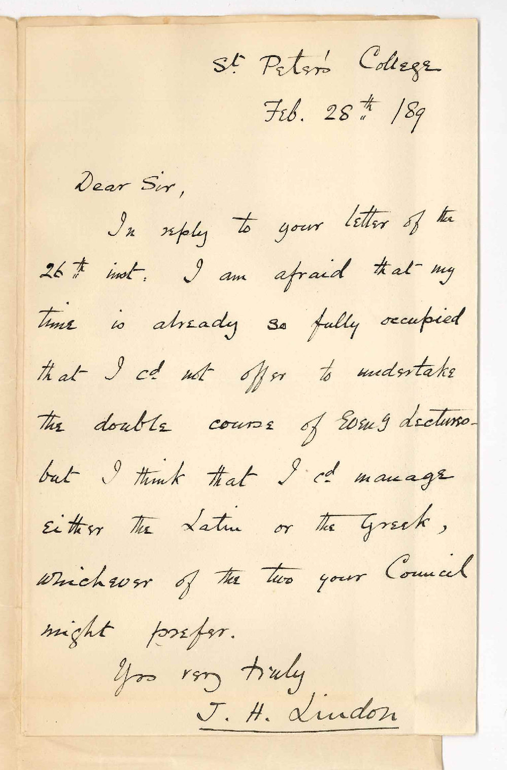 James Henry Lindon - St Peter's College - Accepts Post of Evening Lecturer on Either Latin or Greek - Cannot Take Both