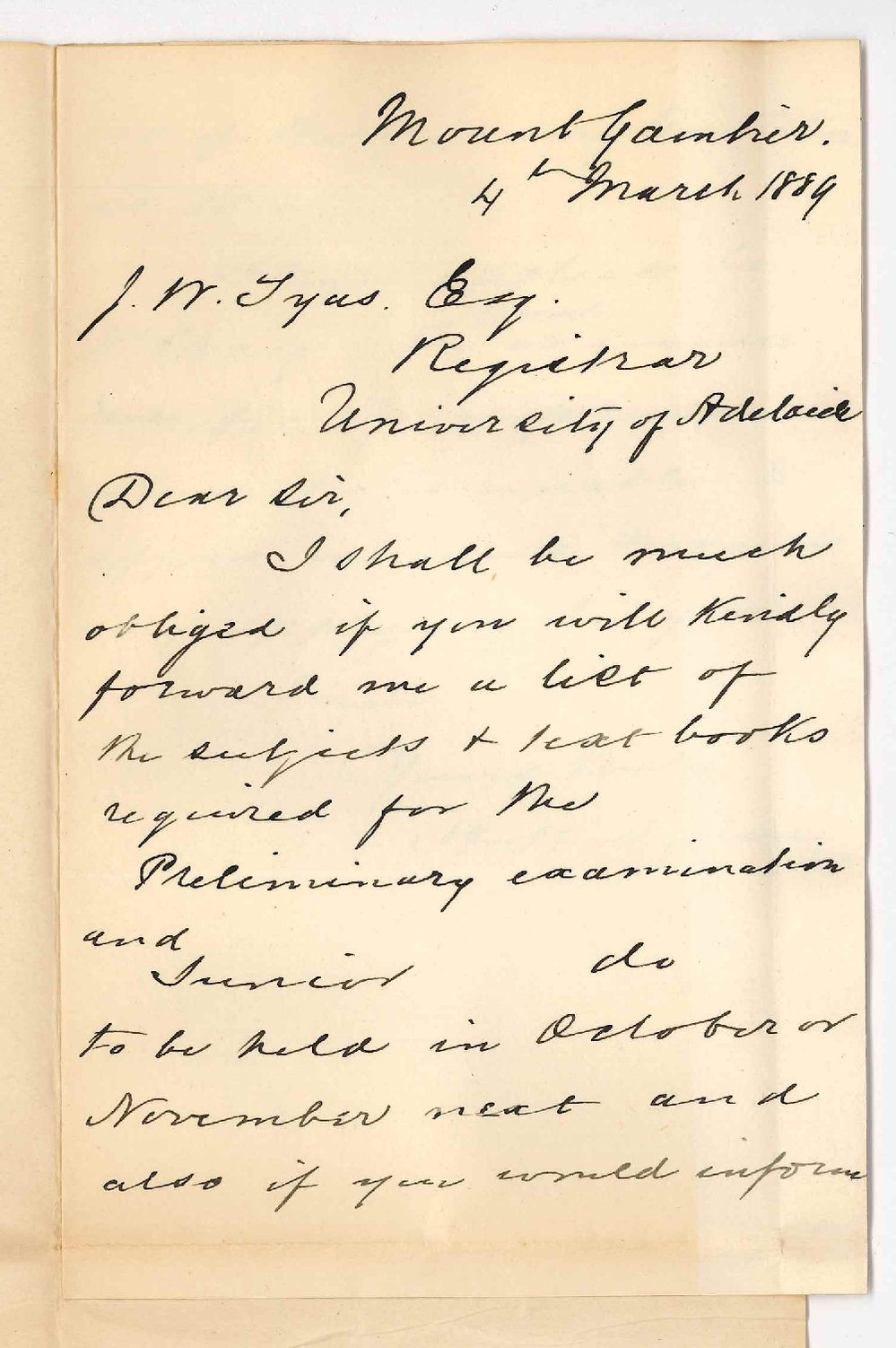 H Hodgson - Mount Gambier - Subjects for the Preliminary and Junior Public Examinations