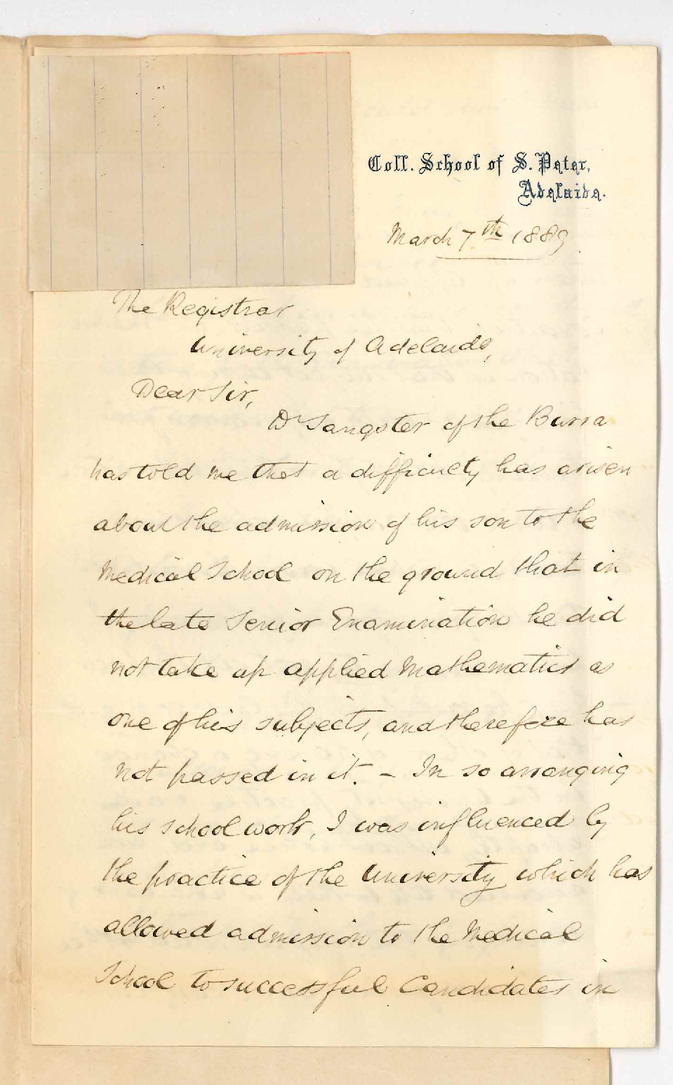 Reverend Francis Williams - College School of St Peters - Preliminary Examination for the MB course and Case of Dr J I Sangster