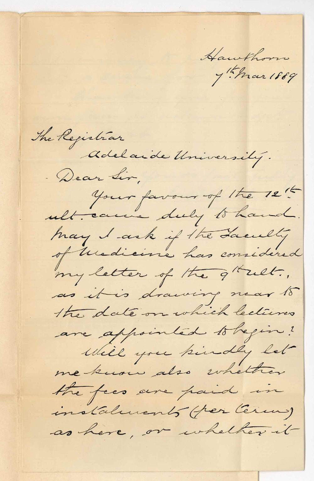 James Alexander Harbison - Hawthorn - Fees etc for Medical Course