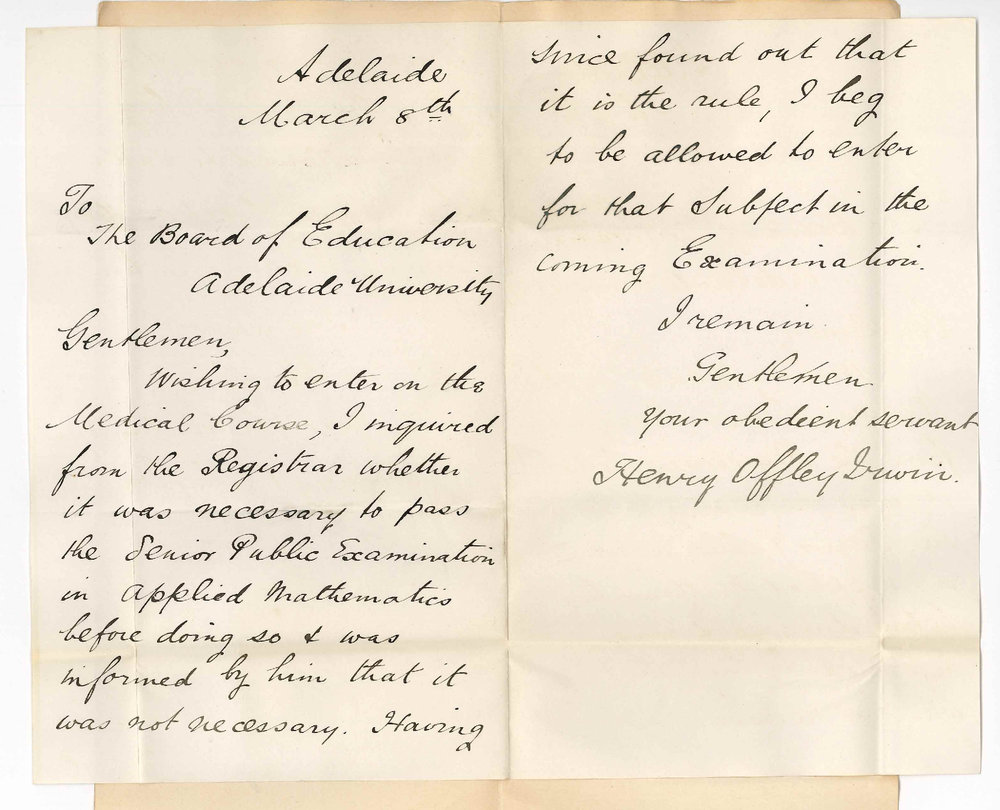 Henry Offley Irwin - Adelaide - Request to be Allowed to Take Applied Mathematics Only at Senior Public Examination in March