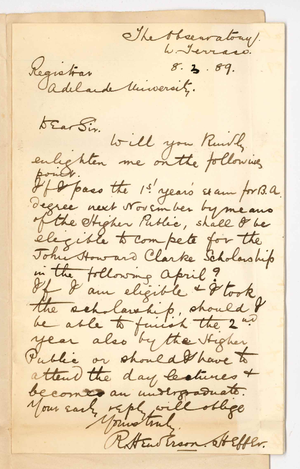 Richard Henderson Heffer - West Terrace Adelaide - BA Course Higher Public Examination and J H Clark Scholarship