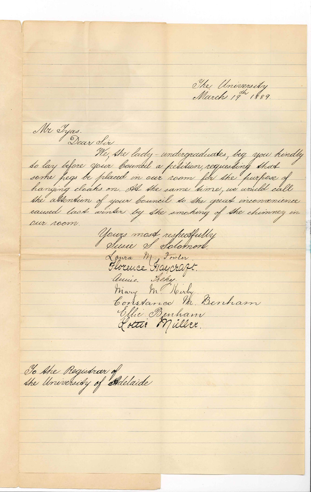 Miss Susie Solomon and Other Undergraduate Students - The University - Asking for Pegs to be Placed in their Room and the Smoking of the Chimney may be Remedied