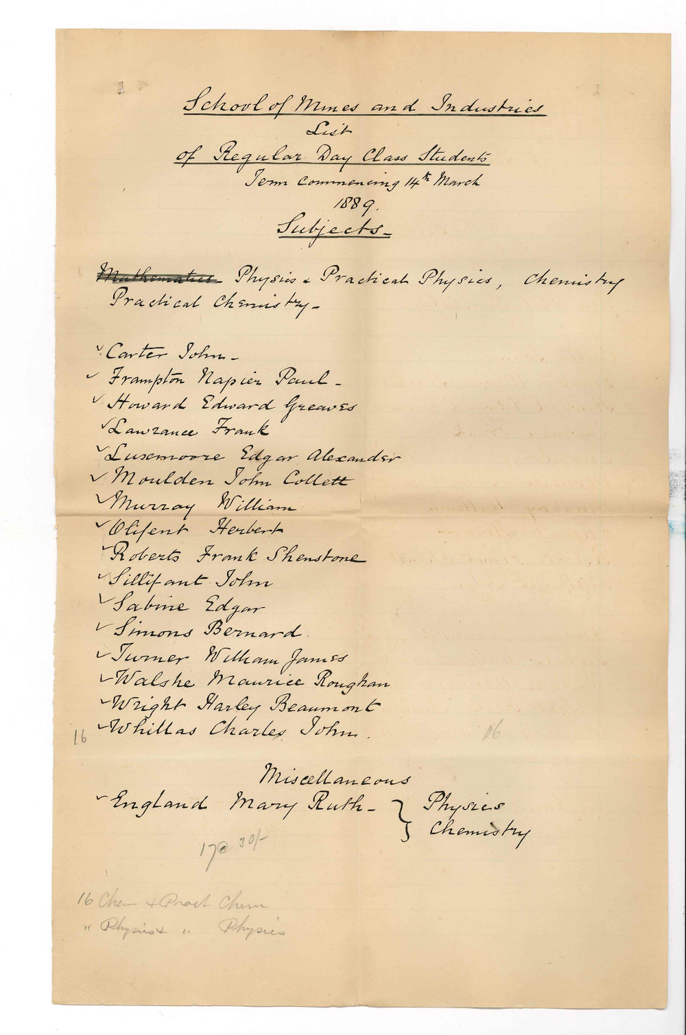 Frederick Arthur Pulleine - Secretary - School of Mines and Industries - Lists of School of Mines Students Attending University Lectures
