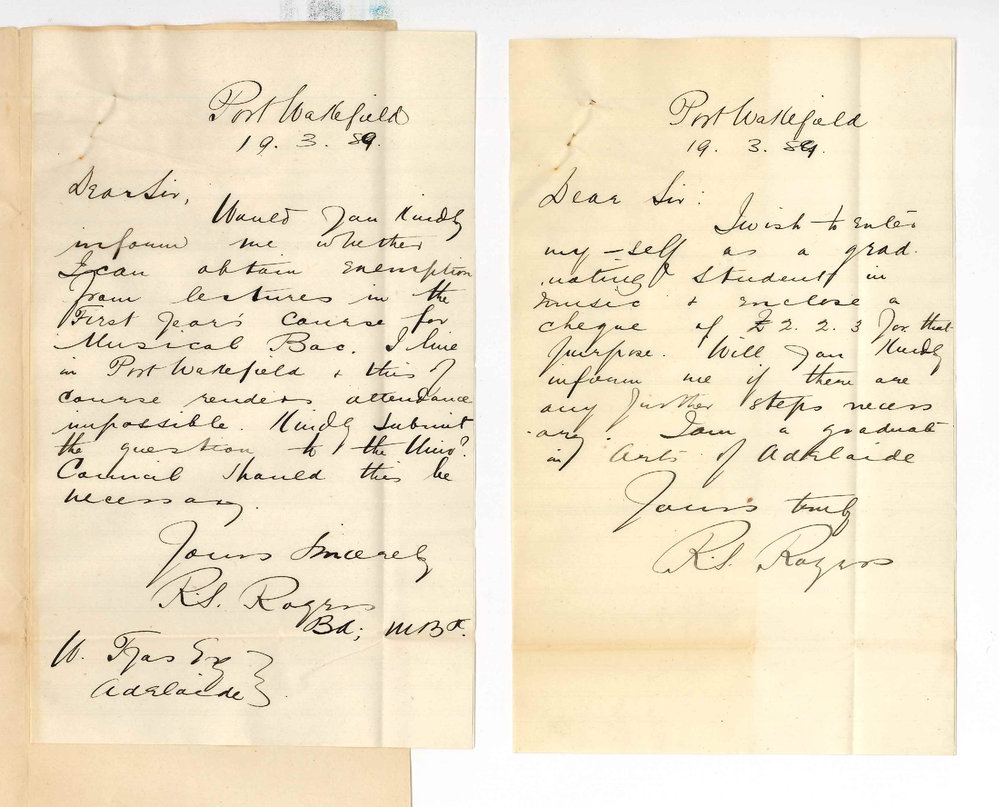 Richard Sanders Rogers - Port Wakefield - Asking for Exemption from Attendance of Music of Bachelor Lectures