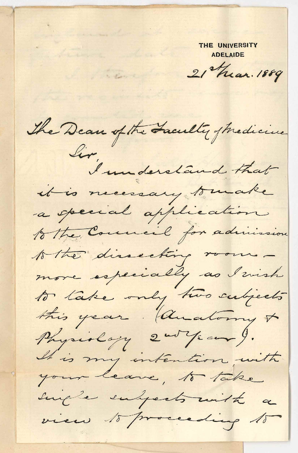 James Alexander - Hawthorn Victoria The University - Permission to Attend Lectures etc in the Dissecting Room