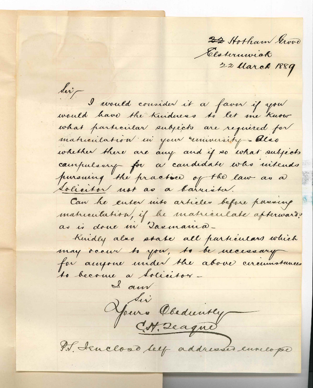 C H Teague - Elsternwick Victoria - Information Concerning Matriculation and Law Course