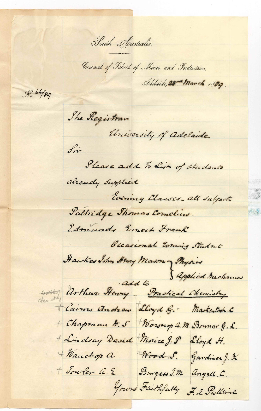 Frederick Arthur Pulleine - Secretary - Council of School of Mines and Industries - Supplementary List of Students