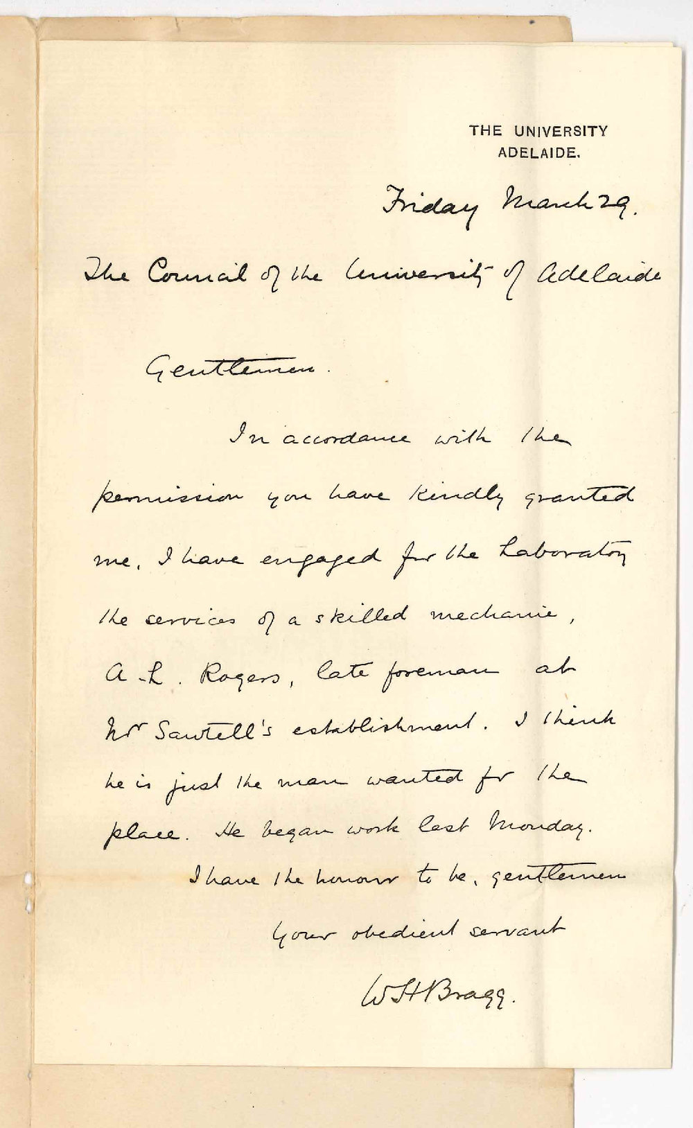 Professor William Henry Bragg - The University - Engagement of a Skilled Mechanic for Physical Laboratory - A L Rogers