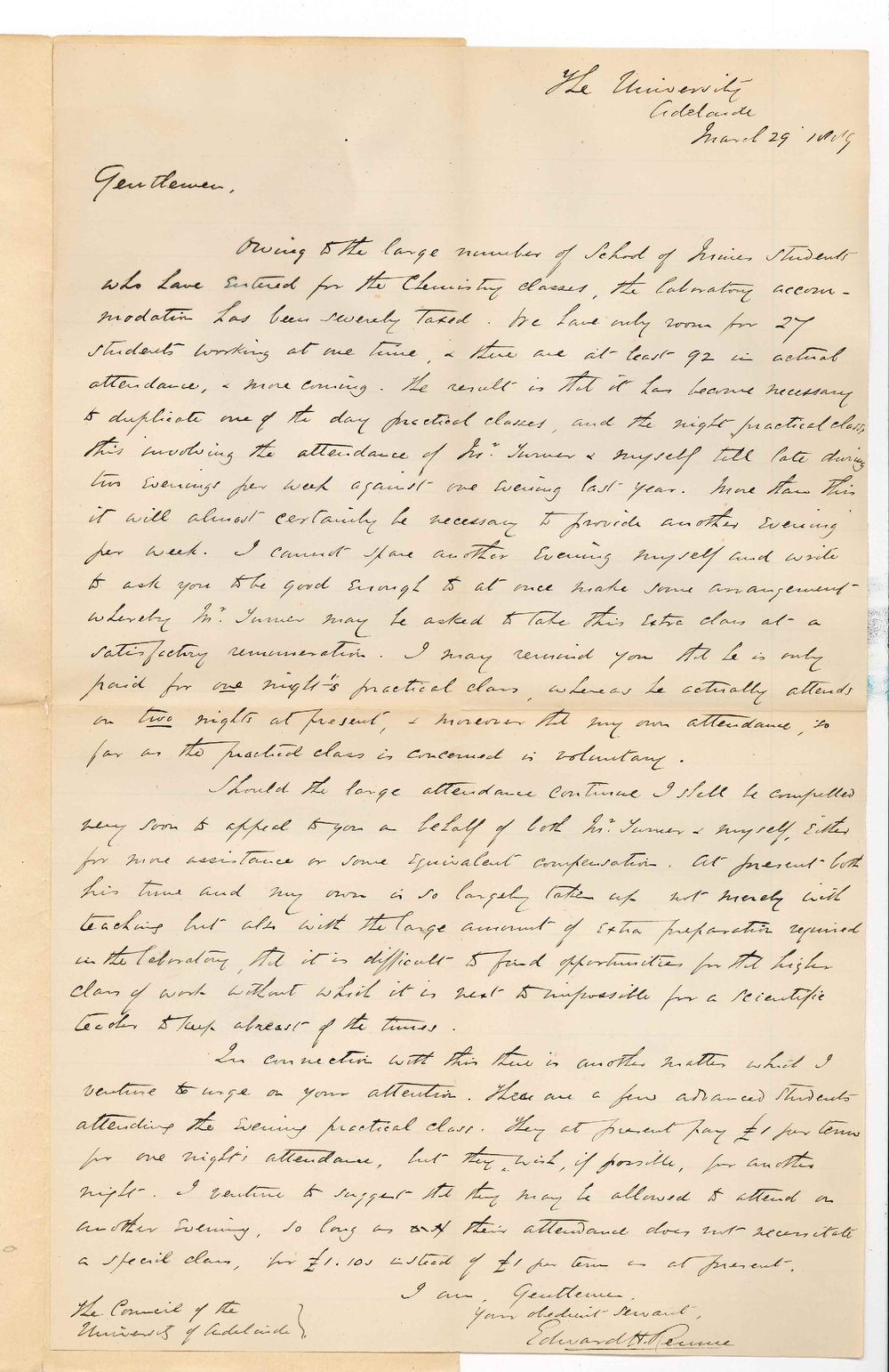 Professor Edward Henry Rennie - The University - Increase of Students Additional Evening Classes - Extra Remuneration etc