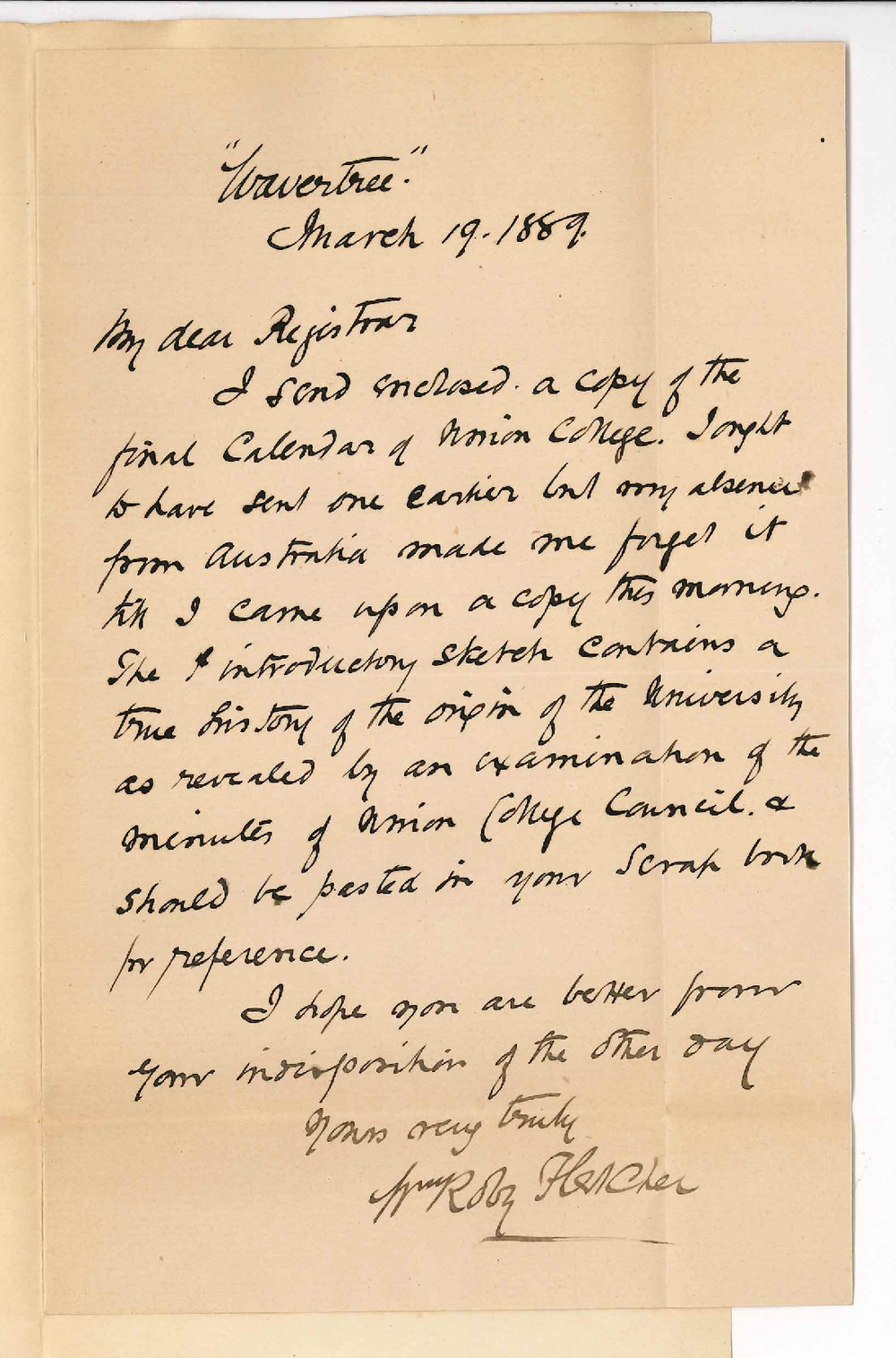 Reverend William Roby  Fletcher - Kent Town - Forwarding Copy of Union College Calendar Containing Introductory Sketch of the Origin of the University