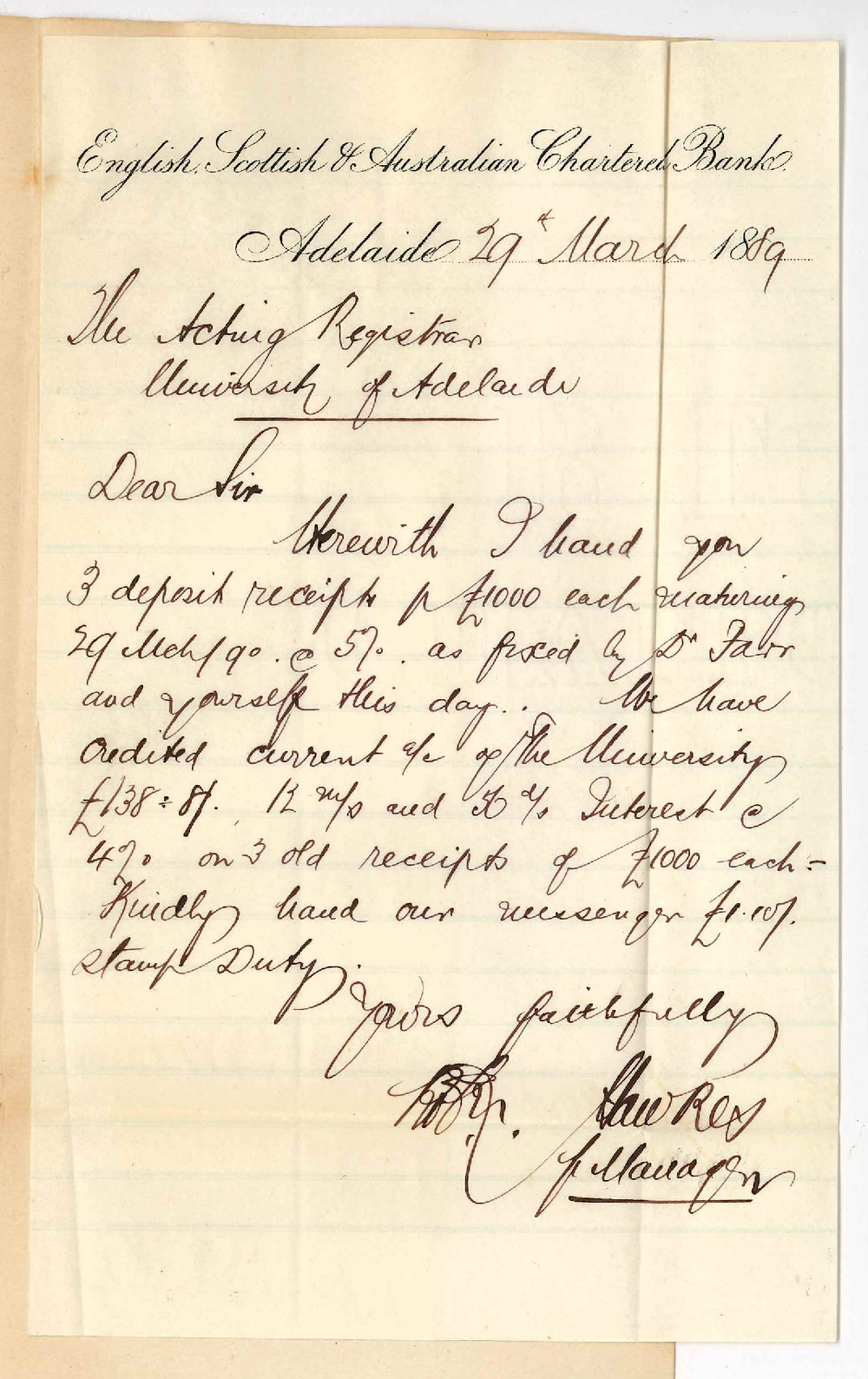 W R Hawkes - English Scottish and Australian Chartered Bank - Adelaide - Deposit Receipts Interest Credited