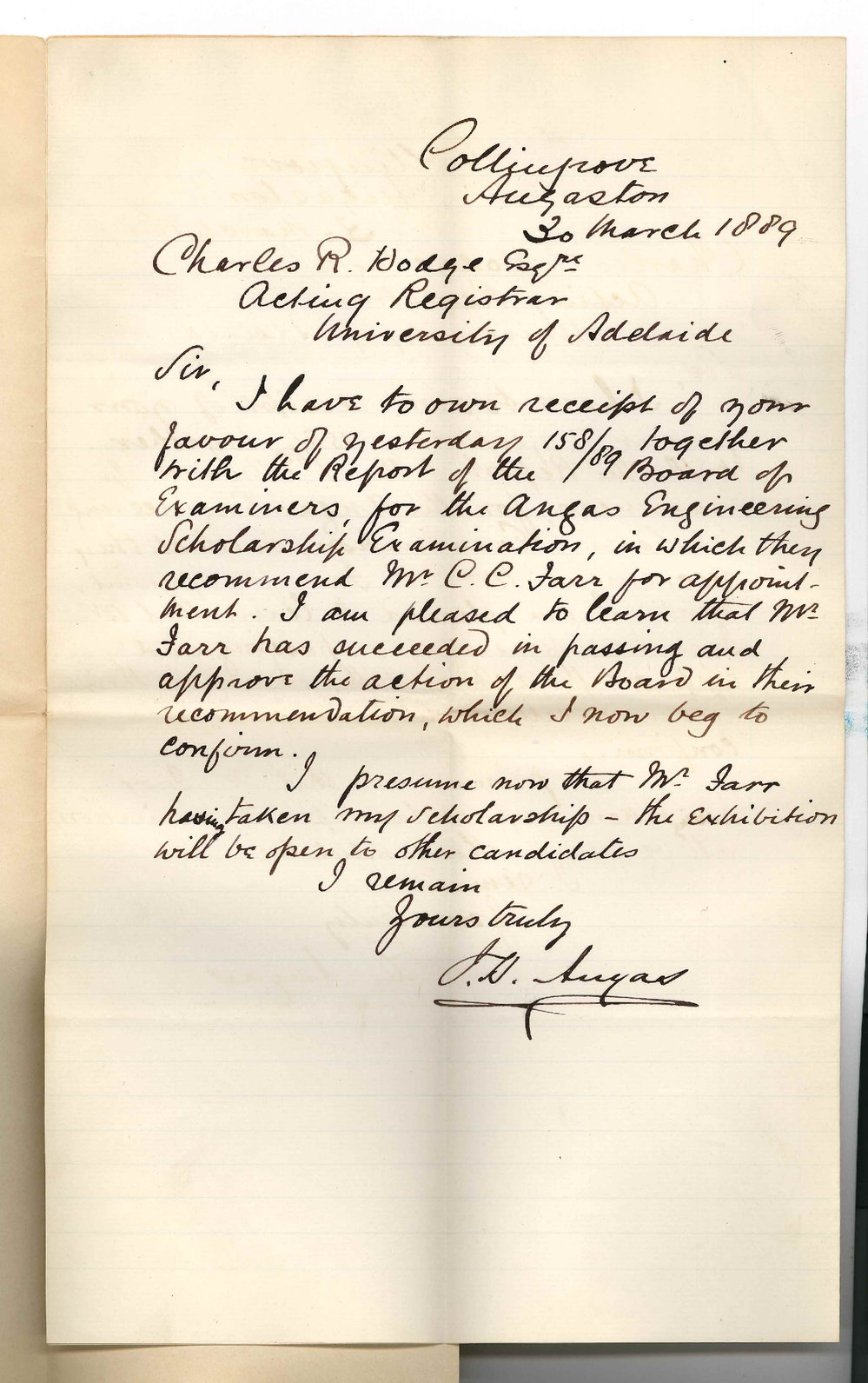 John Howard Angas - Collingrove Angaston - Approves Recommendation of Examiners for Angas Scholarship - Mr Clinton Coleridge Farr
