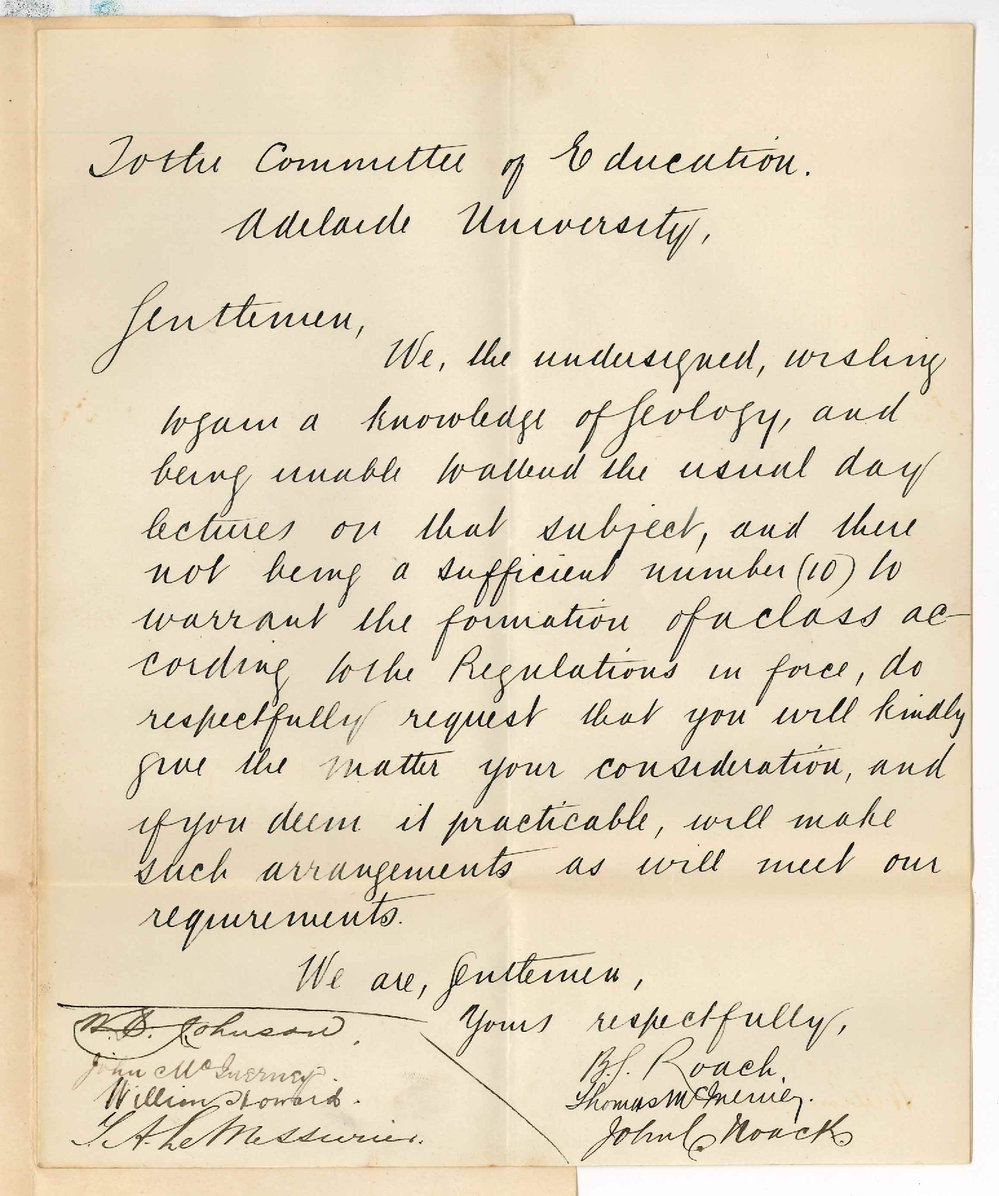 B S Roach and Others - Adelaide - Asking that a Class in Geology be Formed