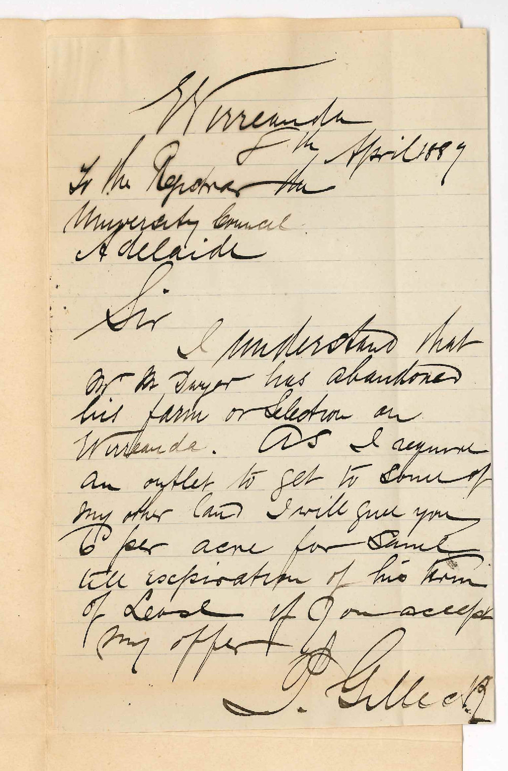 Patrick Gillick - Wirreanda - Offer for Land at Wirreanda Lately Occupied by Dwyer