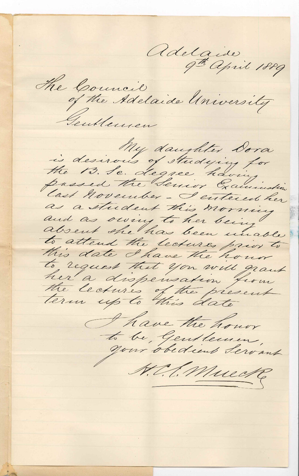 Hugo Carl Emil Muecke - Adelaide - Wishes to enter daughter for BSc Course