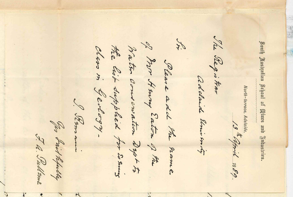 Frederick Arthur Pulleine - Secretary - South Australian School of Mines and Industries - Entries for Geology Evening Class
