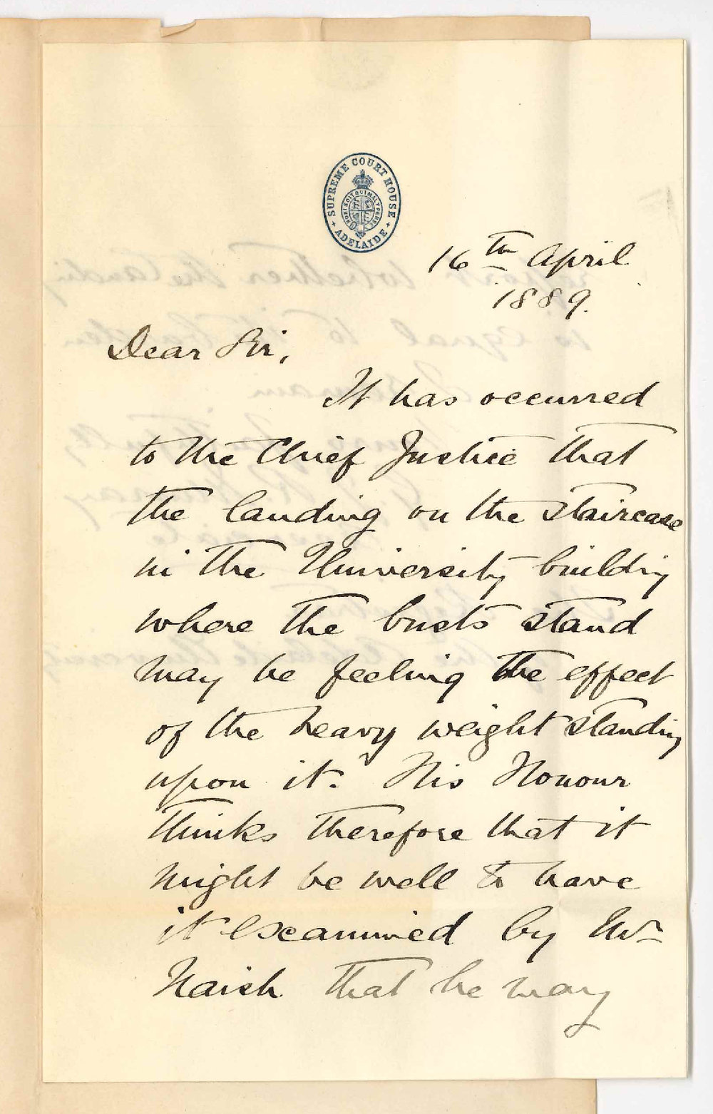 G J R Murray - Judge's Associate - Supreme Court House - Chancellor wishes Mr Naish to Inspect Staircase - Landing Affected by Weight of Busts