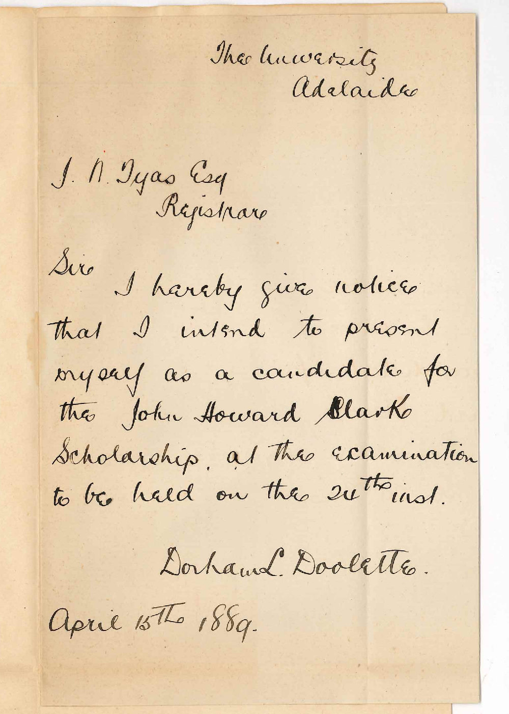 Dorham Longford Doolette - The University - Enters for the J H Clark Scholarship Examination