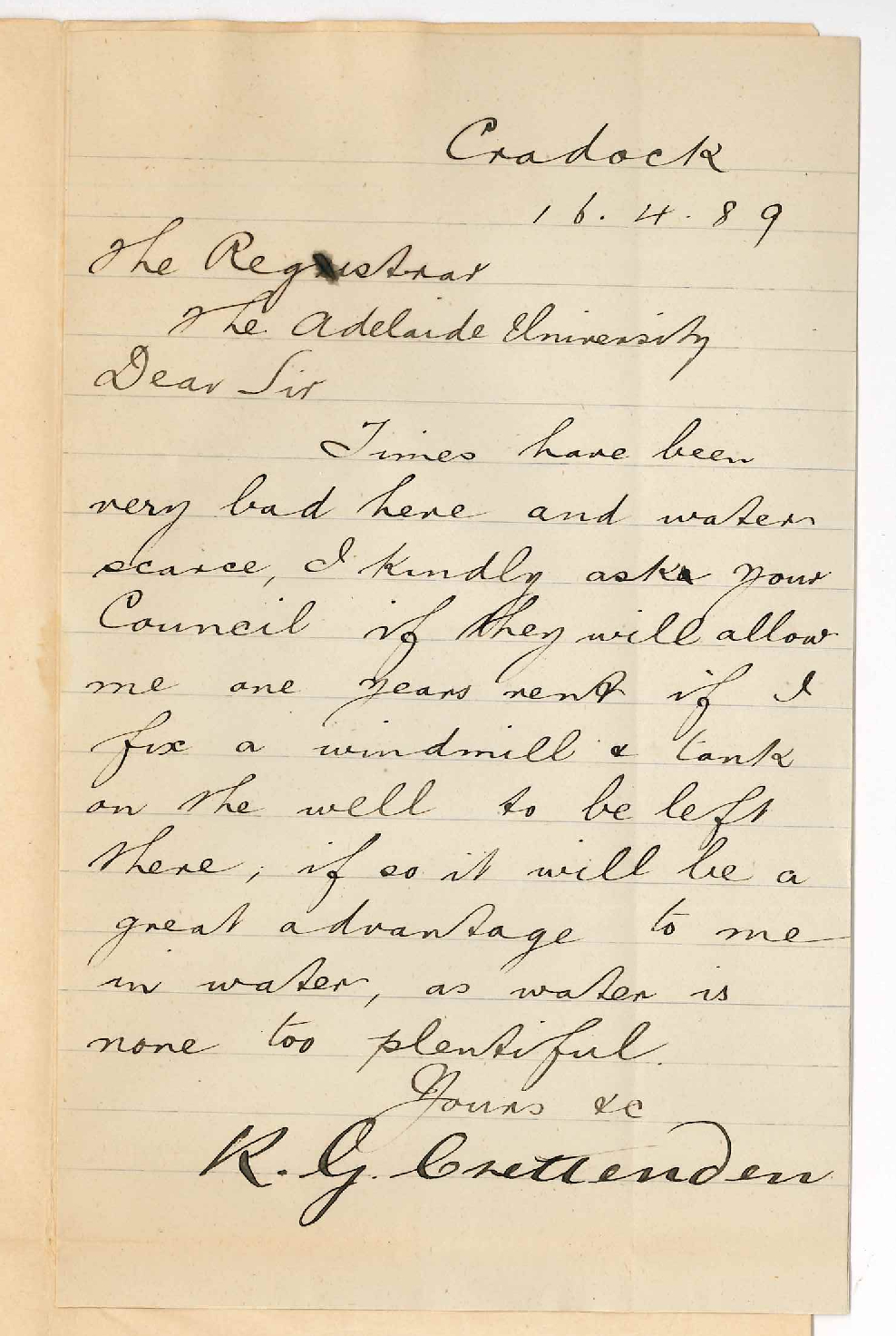 Robert George Crettenden - Cradock - Remittance of One Years Rent for Erection of Windmill on University Land