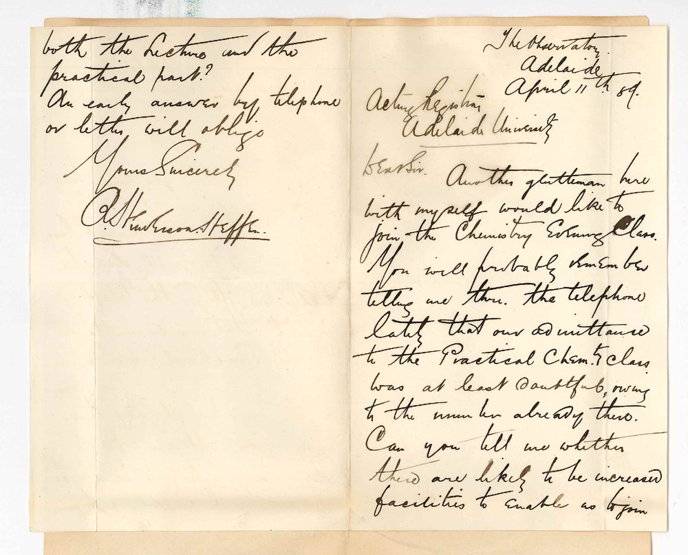 Richard Henderson Heffer - The Observatory - Adelaide - Wishes to Join Evening Chemistry Class