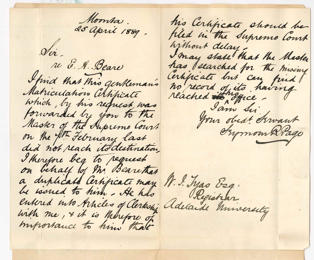 S R Page - Moonta - Loss of Mr Edwin Arthur Beare's Certificate