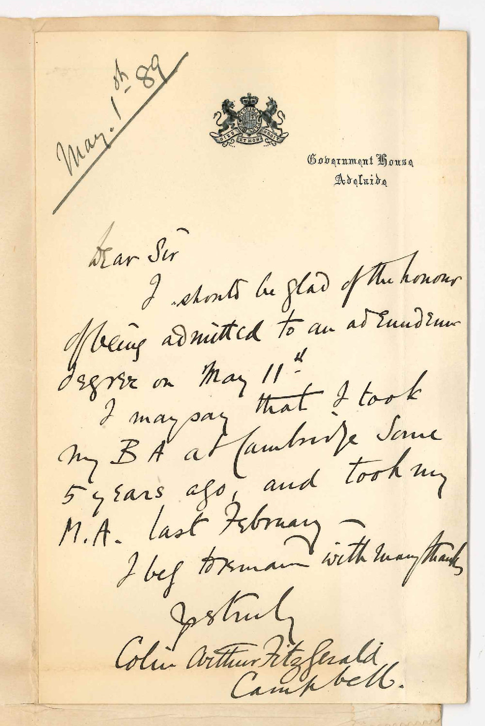 Colin Arthur Fitzgerald Campbell - Government House - Adelaide - Admission Ad Eundem