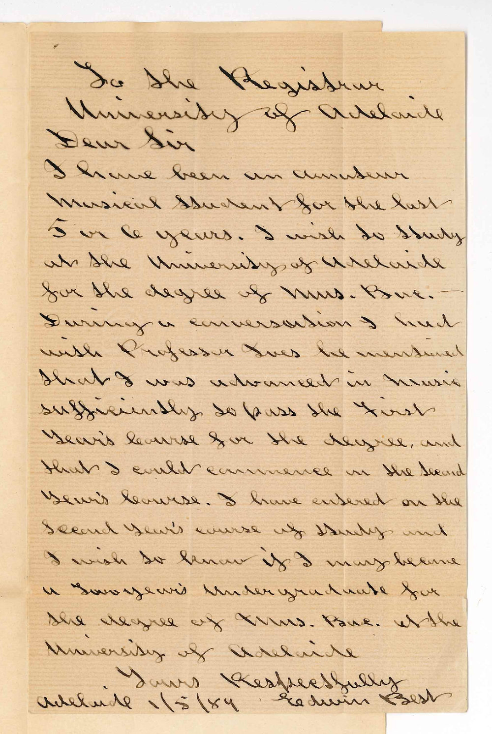 Edwin Best - Adelaide - Asking to be Admitted as a Second Year Music of Bachelor Student