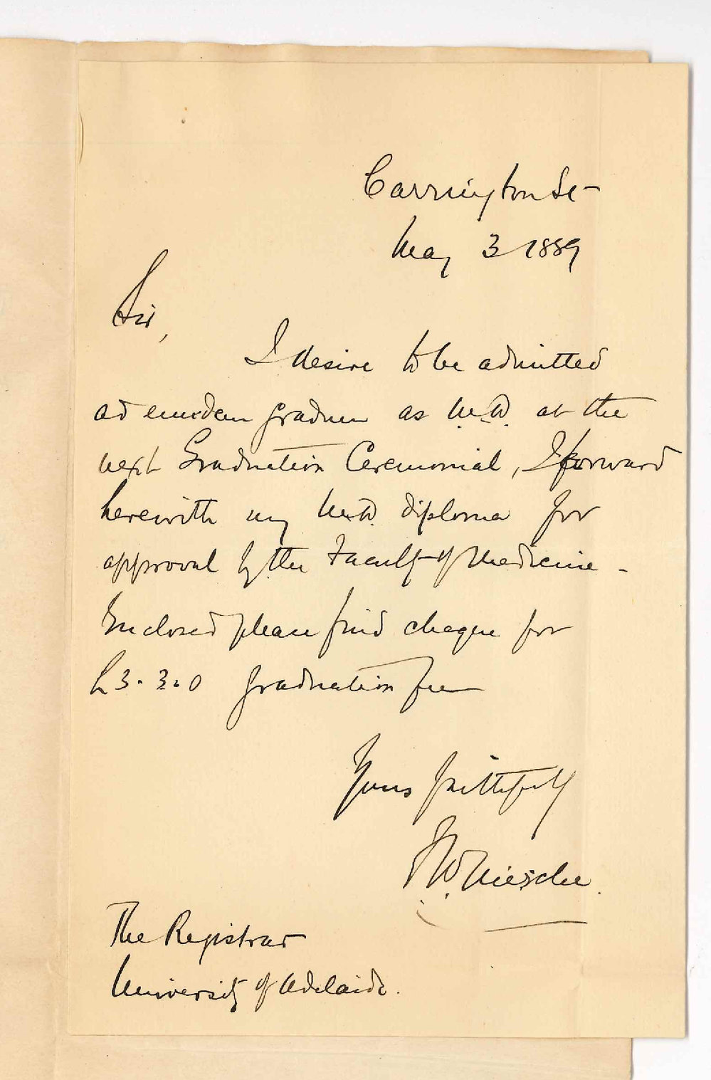 Dr Frederick William Niesche - Carrington Street Adelaide - Admission Ad Eundem Gradum