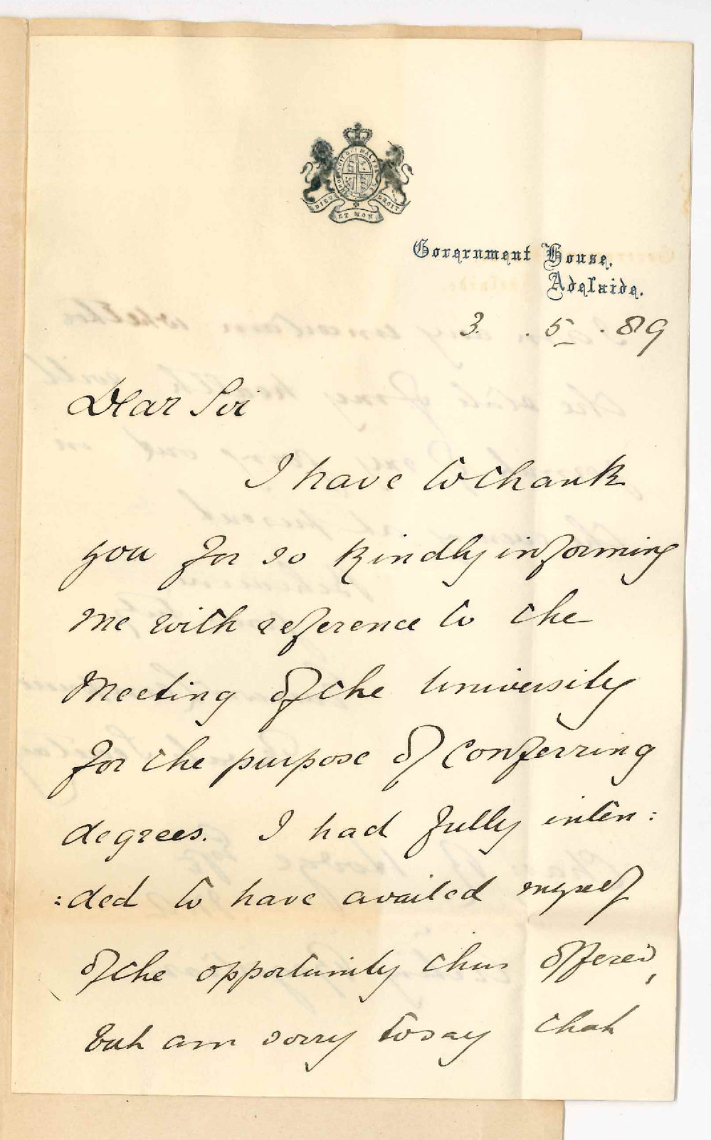 Everard Lempriere - Government House - Adelaide - Unable to Come for Degree at Meeting of University on 11 May