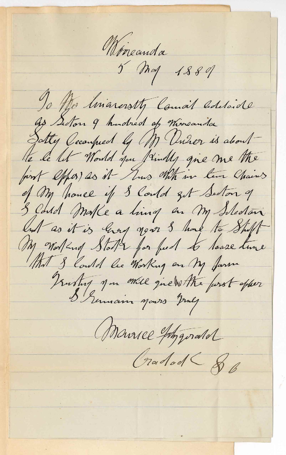 Maurice Fitzgerald - Wirreanda - Offering to Take Up Dwyers Lease