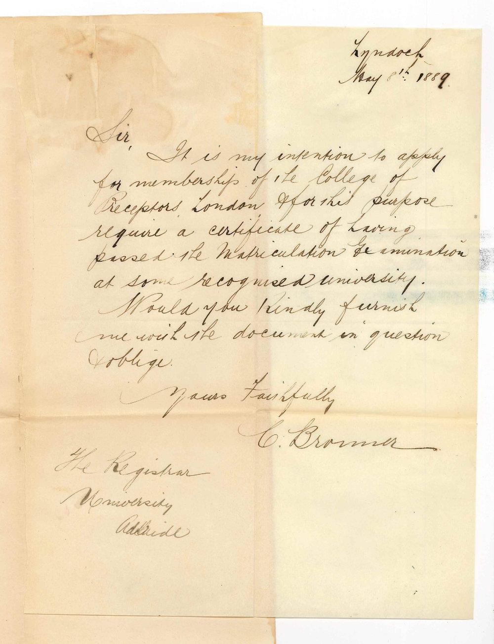Carl Bronner - Lyndoch - Requisition for Certificate of Having Passed Matriculation Examination