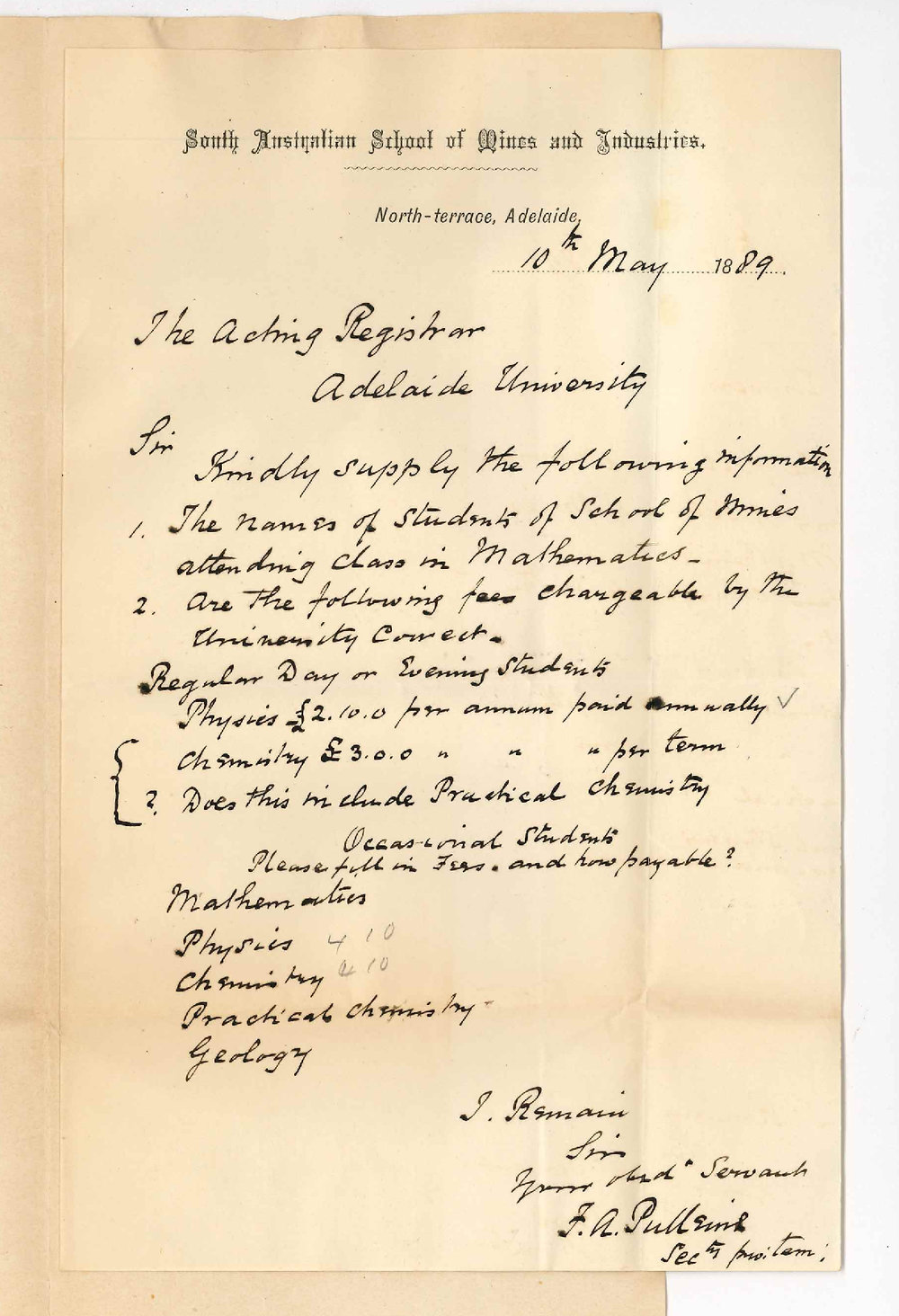 Frederick Arthur Pulleine - Secretary - South Australian School of Mines and Industries - Asking information Regarding University Fees etc