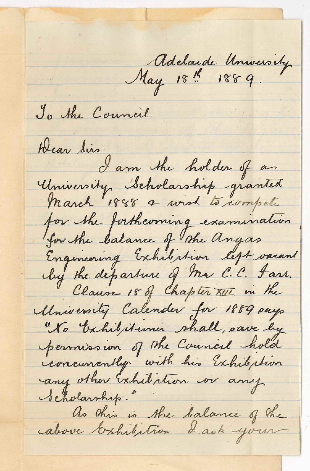 Frederick William Wheatley - The University - Permission to Compete for Engineering Exhibition While Holding University Scholarship