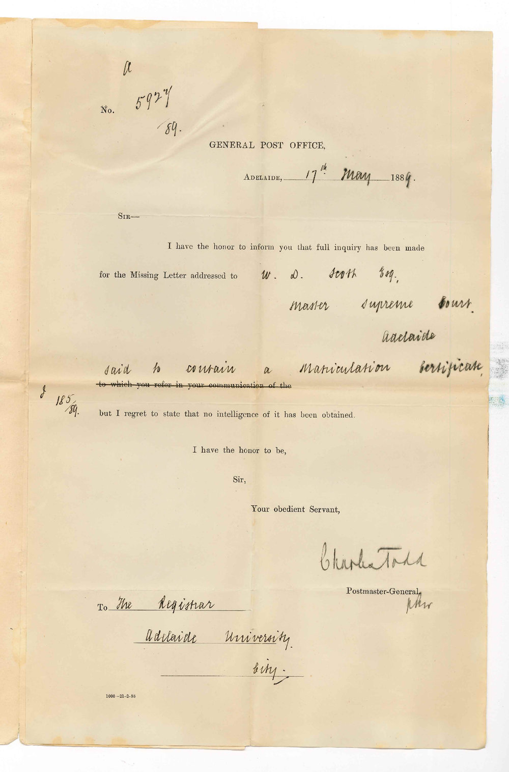 Charles Todd - Post Master General Adelaide - Unable to Trace Missing Letter Addressed to Master Supreme Court Beares Certificate
