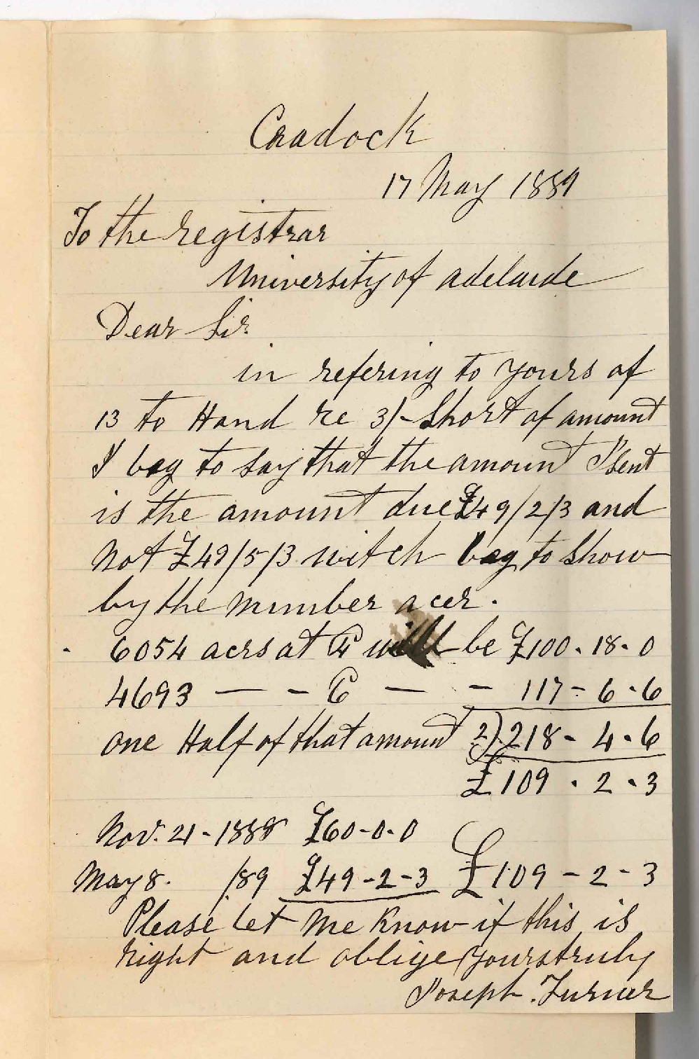 Joseph Turner - Cradock - Error in Account for Rent