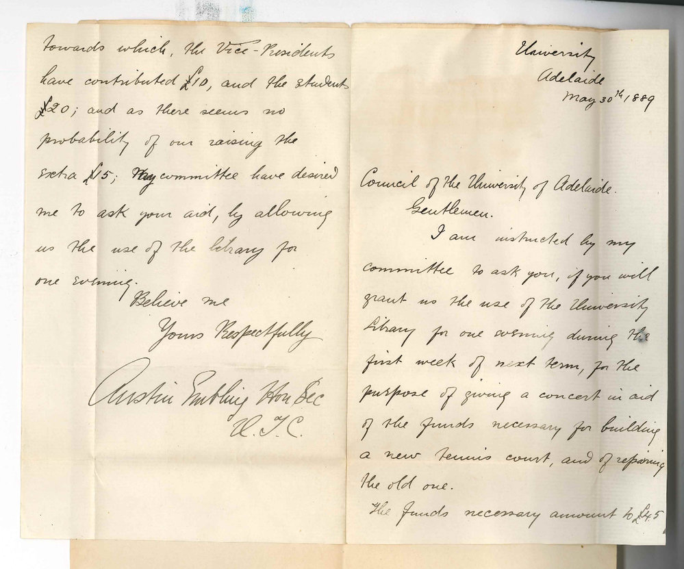 Austin Henry Chinnock Embling - The University - Secretary Lawn Tennis Club - Adelaide - Permission to Hold a Concert in the Library