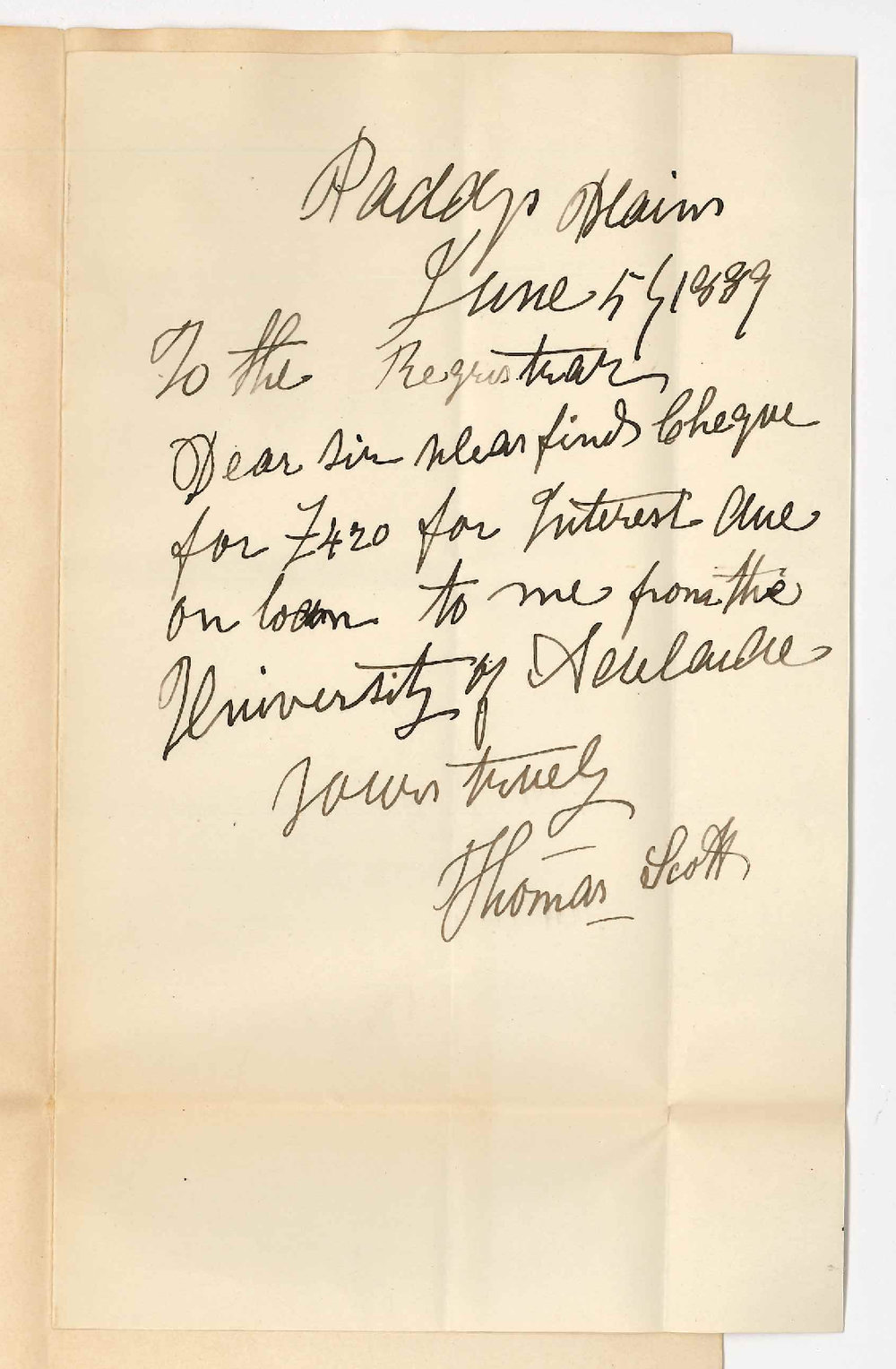 Thomas Scott - Paddys Plains - Payment of Interest on Loan