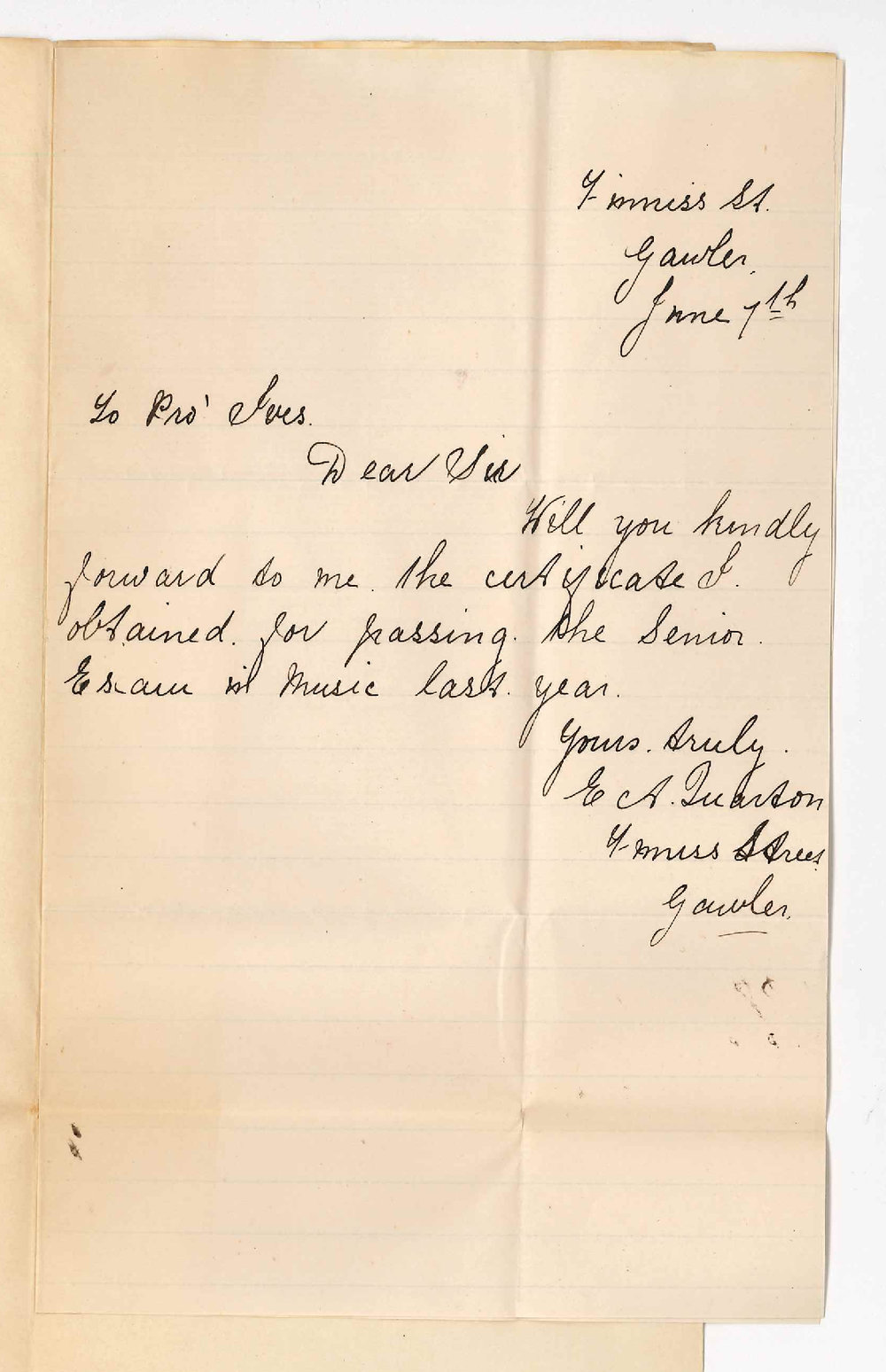 Miss Ellen Adelaide Quarton - Gawler - Forward Certificate of Music