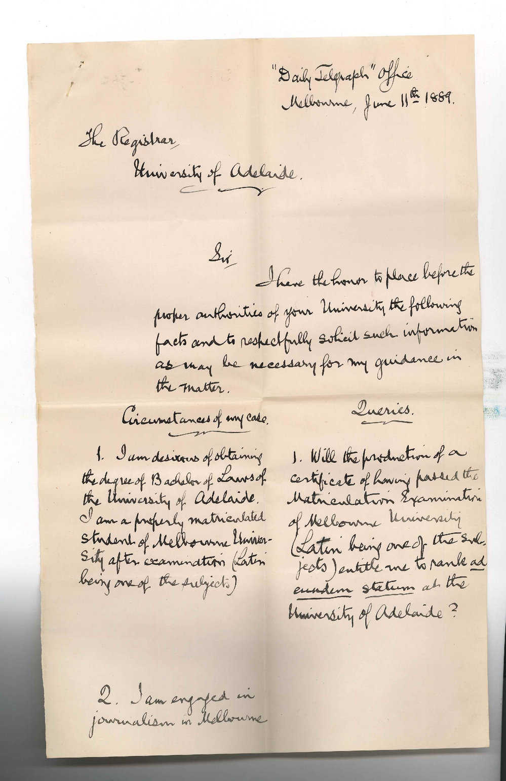 Edmund Finn - Daily Telegraph Office - Melbourne - Asking for Information Regarding Matriculation and LLB Course