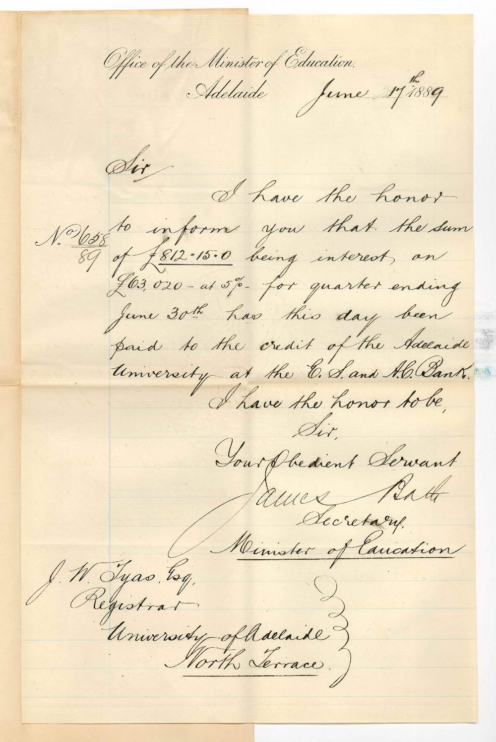 James Bath - Secretary - Office of the Minister of Education - Adelaide - Payment of Interest