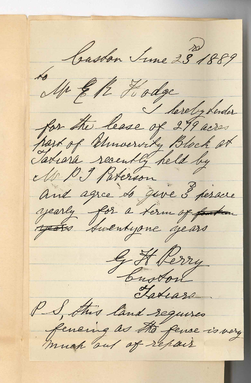 G H Perry - Custon -  Tender for Land at Tatiara