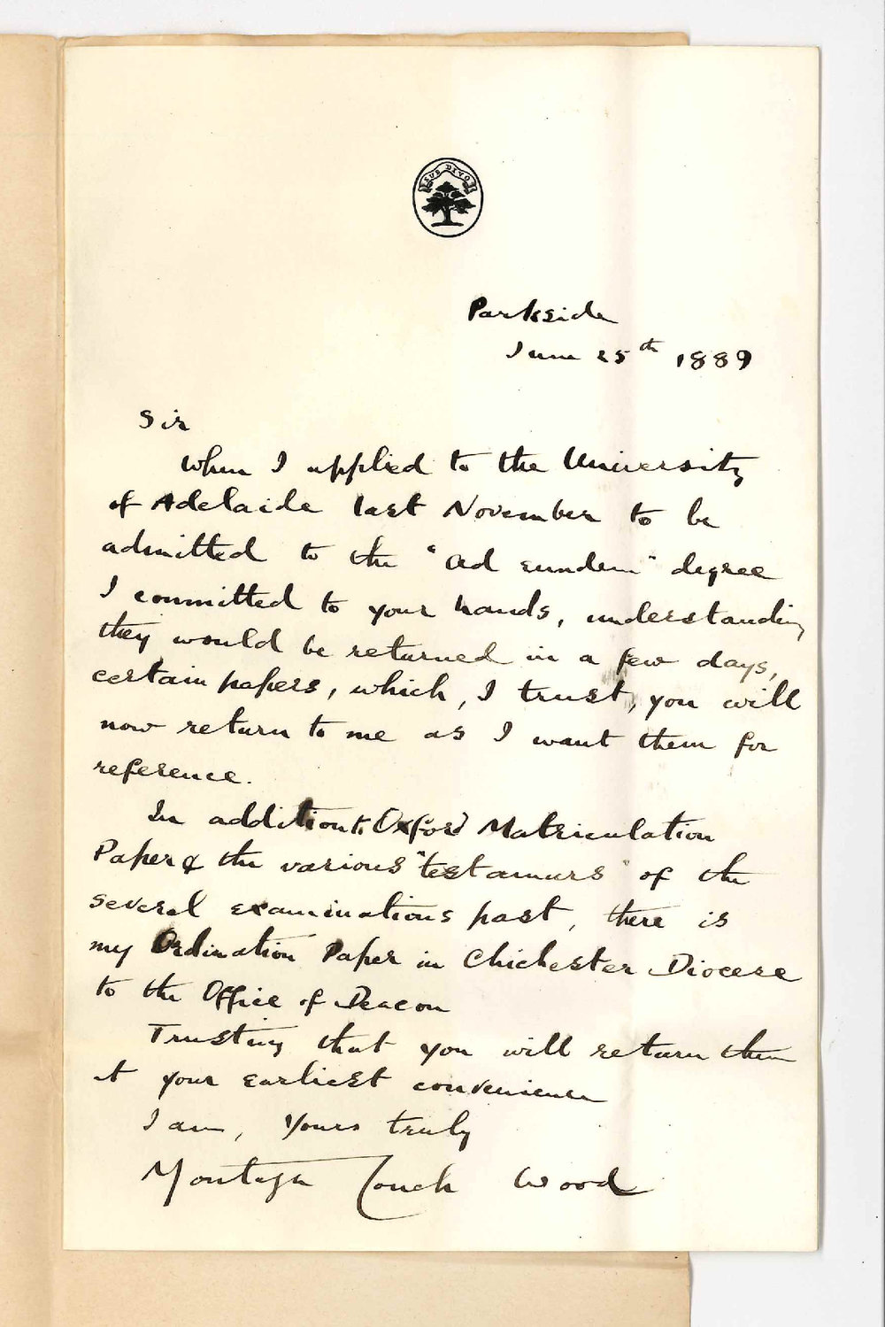 Reverend Montague Couch Wood -  Parkside - Asking for Return of Testimonials