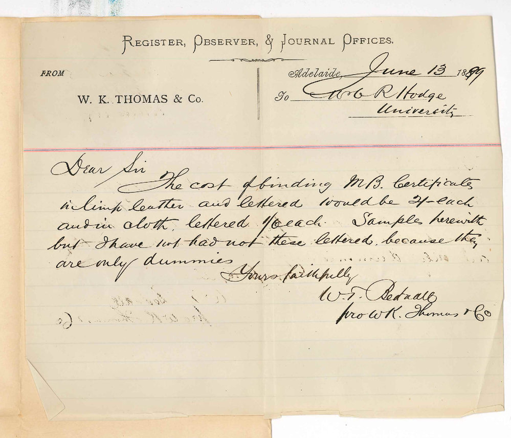 W K Thomas and Co - Register Observer and Journal Offices - Estimate for Binding MB Certificates