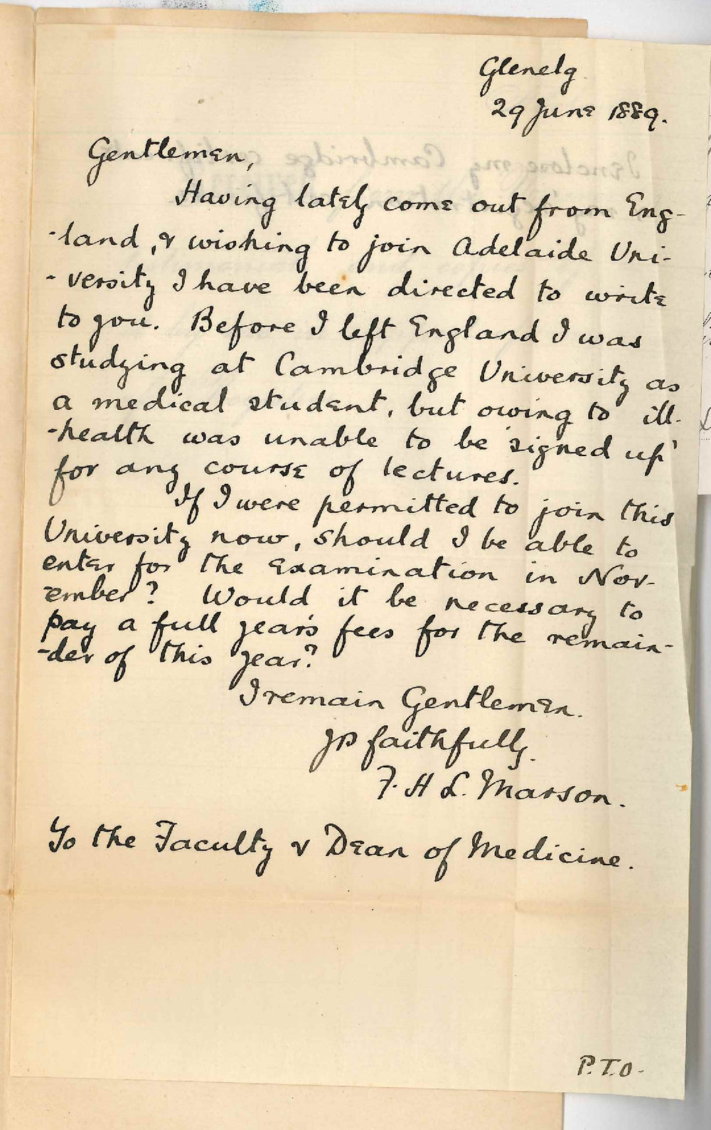 Francis Hone Lloyd Marson - Glenelg - Admission to MB Course
