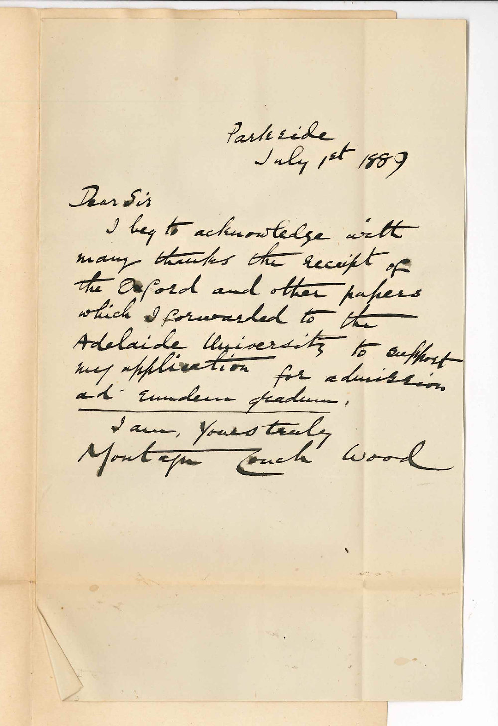 Reverend Montague Couch Wood - Parkside - Acknowledging Receipt of Certificates