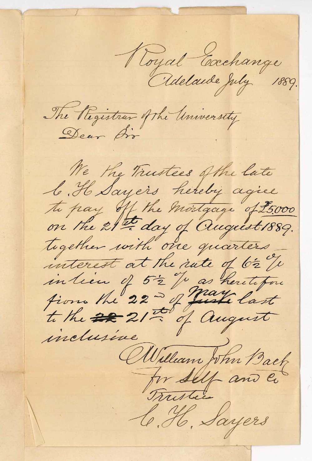 William John Back - Royal Exchange Adelaide - Concerning Payment of Sayers Mortgage