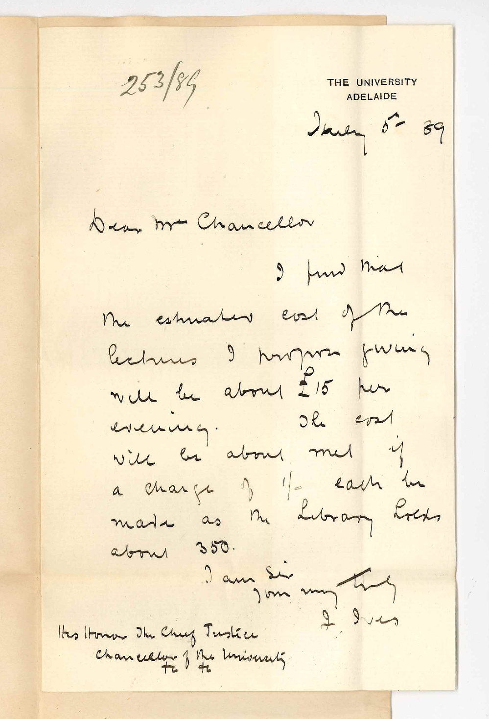 Professor Joshua Ives - The University - Concerning Expense in Connection with Series of Lectures