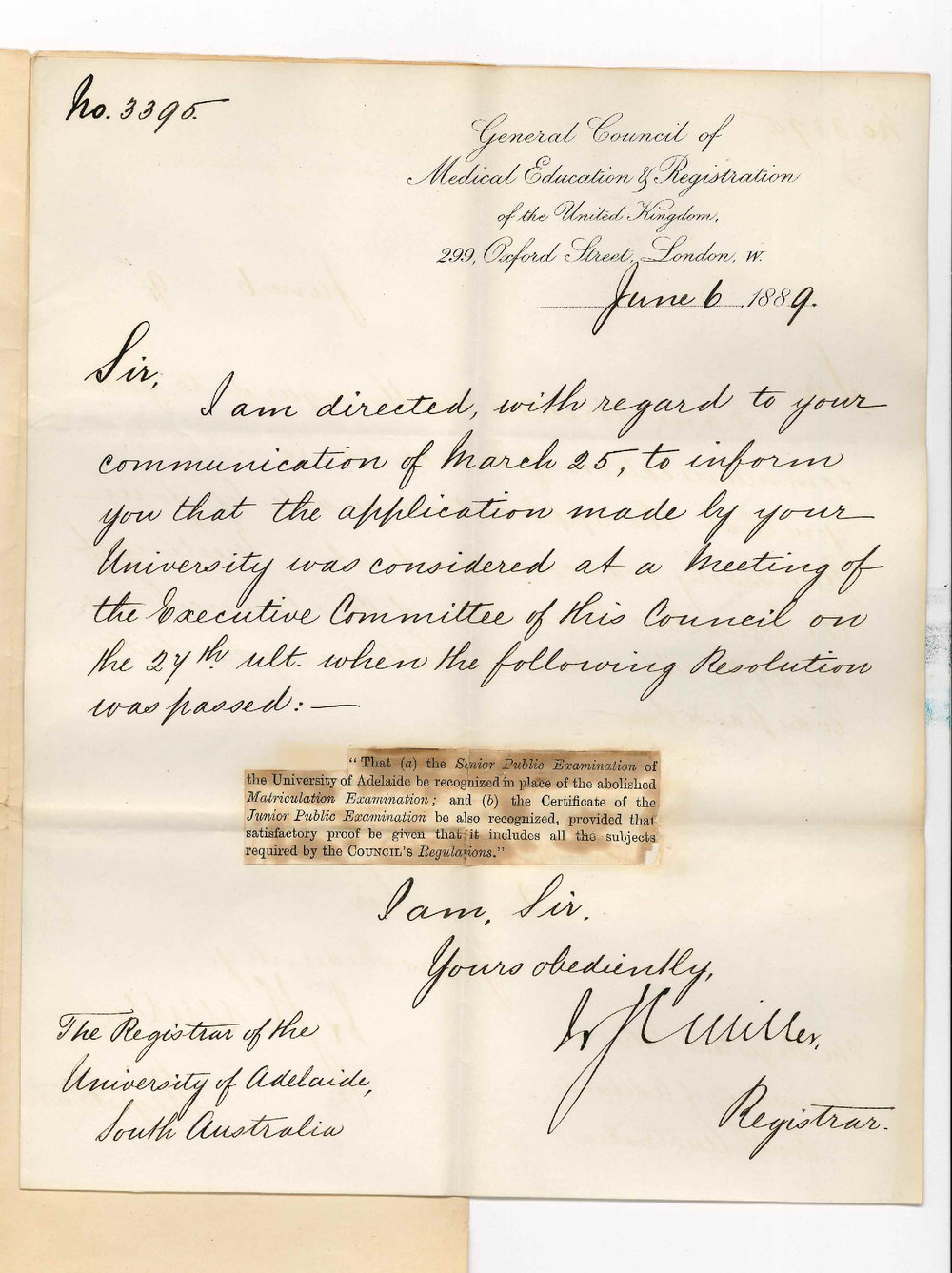 Dr J C Miller - Registrar - General Council of Medical Education of the UK - London - Approving Substitution of Senior Public Examination for Matriculation Examination